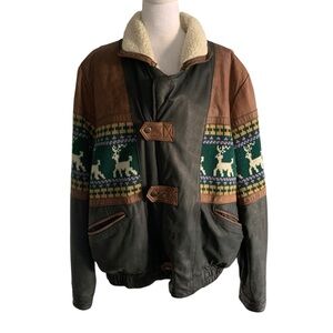 Vintage 1990s XL Genuine Leather Reindeer Knit Faux Shearling Grandpacore Jacket